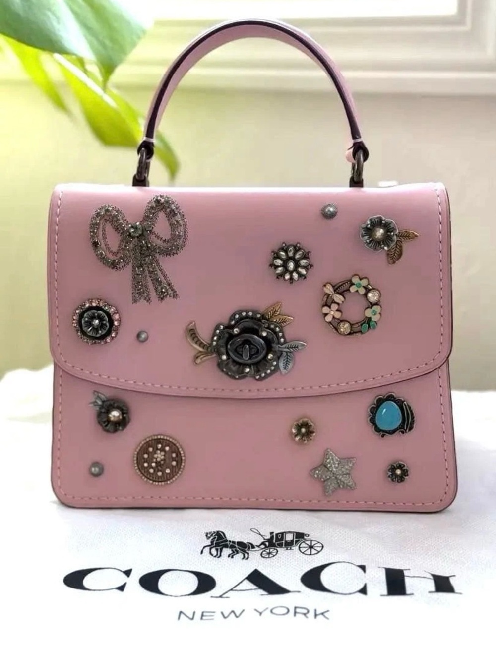 Coach Parker Top Handle Bag with Vintage Jewelry Embellishments Pink